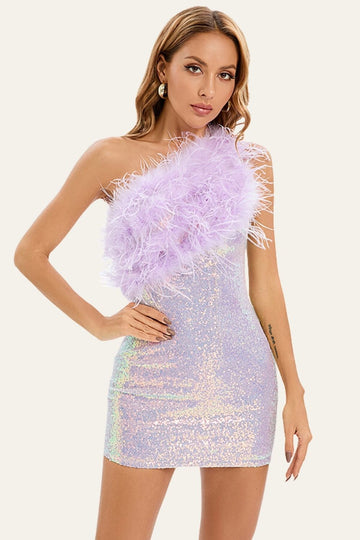 Purple Bodycon One-Shoulder Sequin Patchwork Homecoming Sukienka z piórkiem